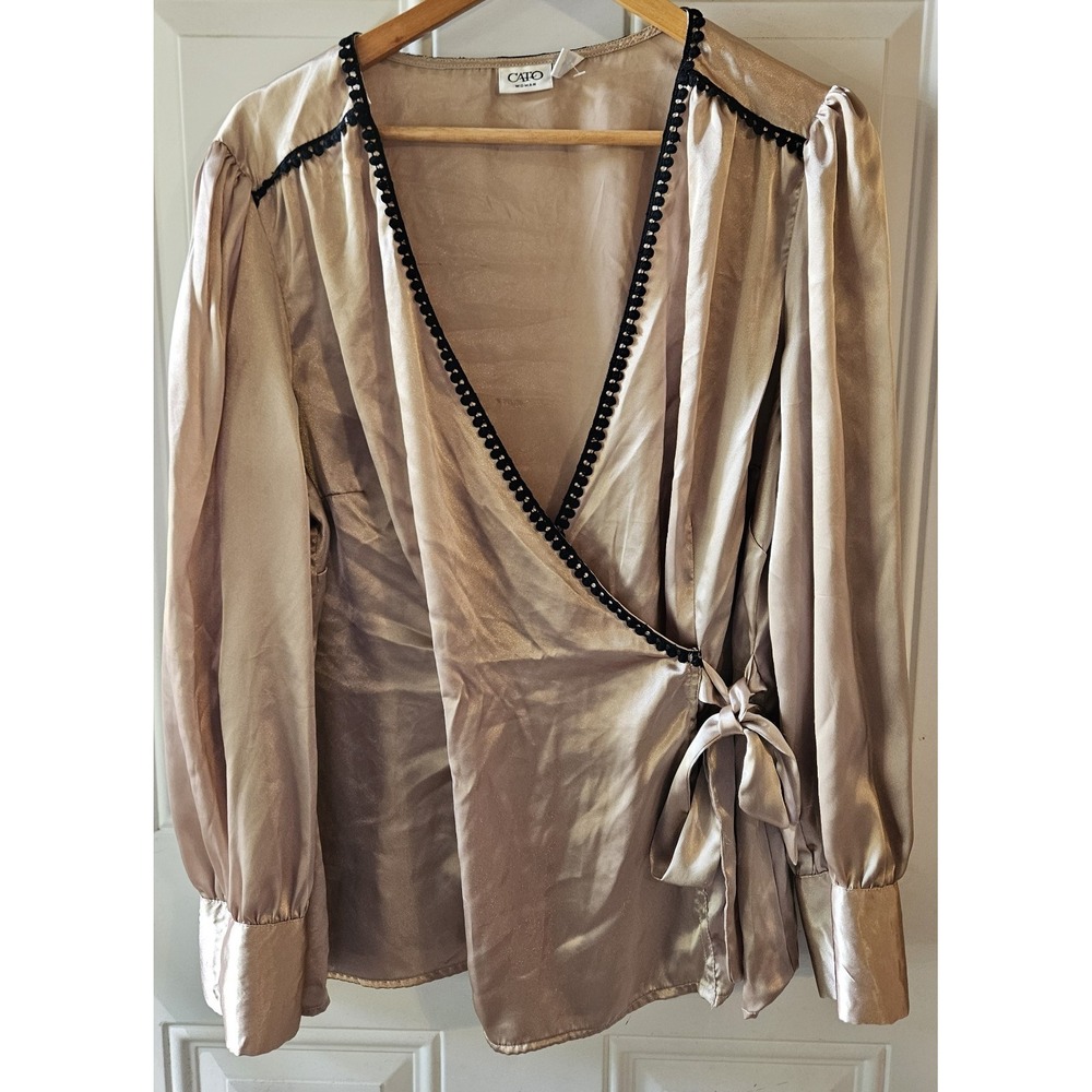 Cato Woman 18/20W Champagne Satin Wrap Blouse Plus Size Long Sleeve Tie Front...